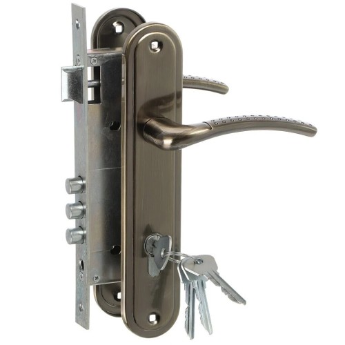 Замок Omega (Омега) врезной цилиндровый с защёлкой в комплекте с ручкой ЗВ4-85.27 (ант.бронза), 4 кл. 