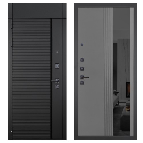 Гранит Пиано Черная с фрамугой, панель 086 Серый рельеф софт с тонированным зеркало 10 мм