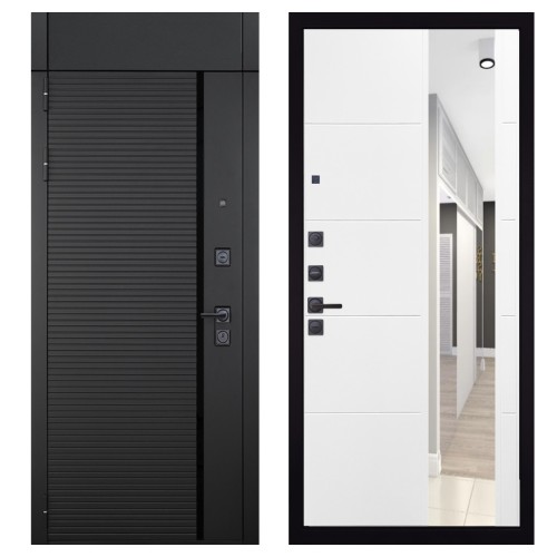 Гранит Пиано Черная с фрамугой, панель 083 Белый софт зеркало 10 мм