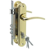 Замок Omega (Омега) врезной цилиндровый с защёлкой в комплекте с ручкой ЗВ4-85.27 (золото-лак), 4 кл. 