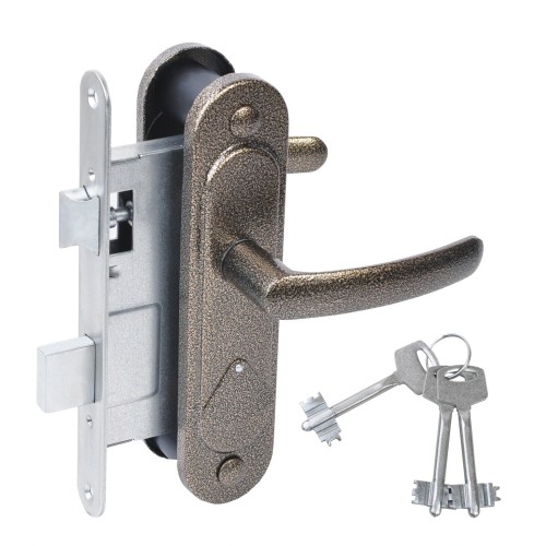 Замок Absolyute (Абсолют) врезной сувальдный с защёлкой в комплекте с ручкой ЗВ9.2-08 (бронза), 3 кл. 