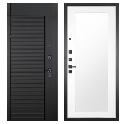 Гранит Пиано Черная с фрамугой, панель 010 зеркало Белый матовый 16 мм