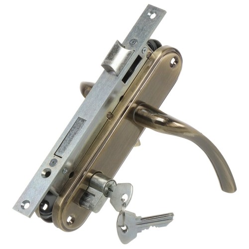 Замок Omega (Омега) врезной цилиндровый с защёлкой в комплекте с ручкой ЗВ4-70.27 (ант.бронза), 4 кл. 