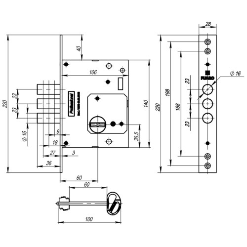 Замок Fuaro (Фуаро) врезной сувальдный MDV25/S-60.00.3R16 5key (5 ключей) 