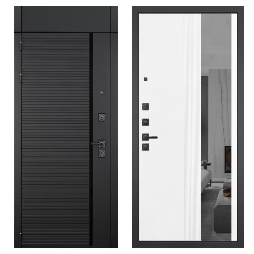 Гранит Пиано Черная с фрамугой, панель 085 Белый рельеф софт с тонированным зеркало 10 мм