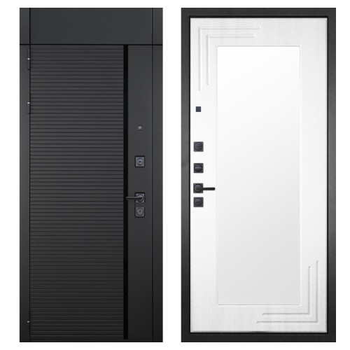 Гранит Пиано Черная с фрамугой, панель 019 зеркало Белый ясень 16 мм