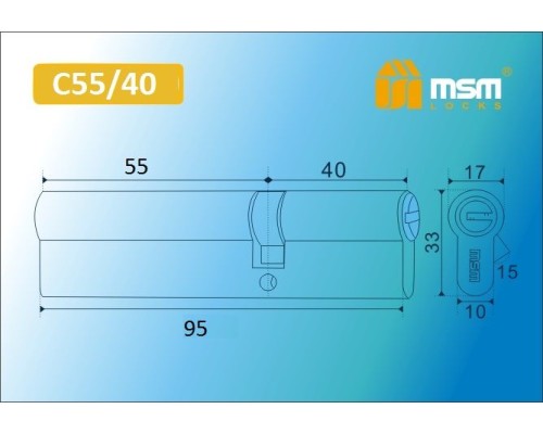 Цилиндровый механизм Msm C55/40 мм латунь Полированная латунь (PB), перфорированный ключ-ключ (Мсм)