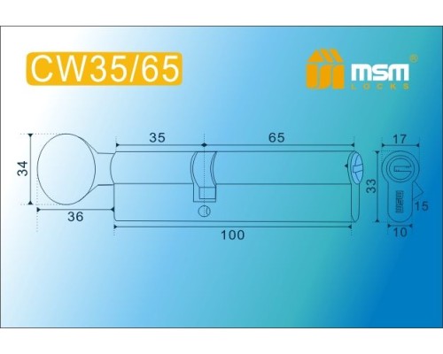 Цилиндровый механизм Msm CW35/65 мм латунь Полированная латунь (PB), перфорированный ключ-вертушка (Мсм)