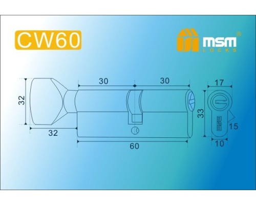 Цилиндровый механизм Msm CW60 мм латунь Полированная латунь (PB), перфорированный ключ-вертушка (Мсм)