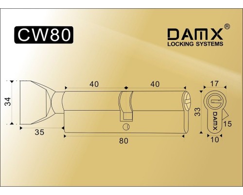 Цилиндровый механизм DAMX CW80 мм Полированная латунь (PB), перфорированный ключ-вертушка (Дамкс)