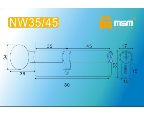 Цилиндровый механизм Msm NW35/45 мм латунь Матовый никель (SN), ключ-вертушка (Мсм)