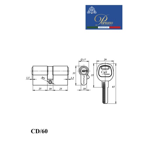 Цилиндровый механизм PORTUNO. Арт.CD60.07, 60м. (30+30), Цвет, Матовое золото. ключ-ключ
