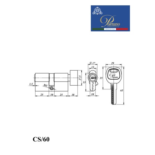 Цилиндровый механизм PORTUNO. Арт.CS60.05, 60м. (30+30), Цвет, Матовый графит. ключ-вертушка