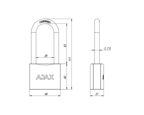 Замок Ajax (Аякс) навесной PD-0150-L MS 3 key англ./коробка