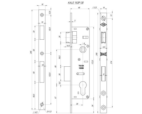 Корпус узкопрофильного замка Kale kilit 153/P (30 мм) w/b (хром) с защёлкой (Кале Килит)