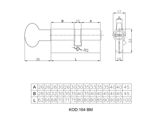 Цилиндровый механизм Kale kilit 164 BM/80 (35+10+35) мм никель 5 кл., с вертушкой (Кале Килит)