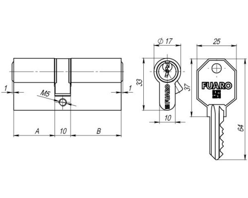 Цилиндровый механизм Fuaro 100 CA 80 мм (35+10+35) CP хром 5 кл. ключ-ключ (Фуаро)