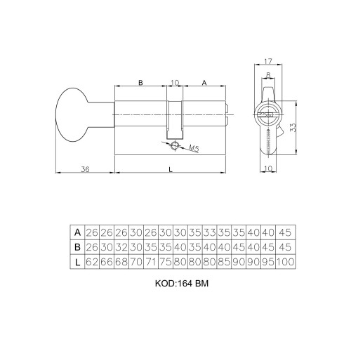 Цилиндровый механизм Kale kilit 164 BM/100 (45+10+45) мм латунь 5 кл., с вертушкой (Кале Килит)