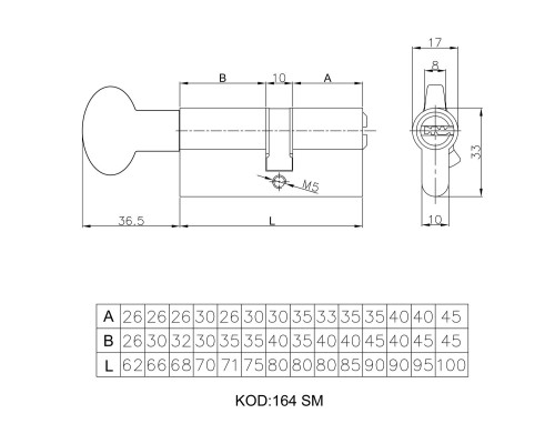 Цилиндровый механизм Kale kilit 164 SM/70 (30+10+30) мм упк.БЛИСТЕР никель 5 кл., с вертушкой (Кале Килит)