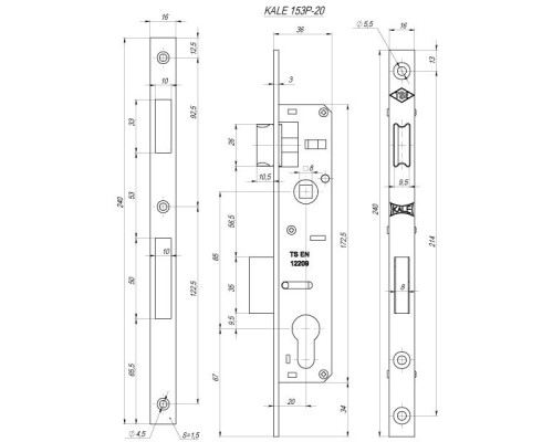 Корпус узкопрофильного замка Kale kilit 153/P (20 мм) w/b с защёлкой (цвет хром) (Кале Килит) 20037