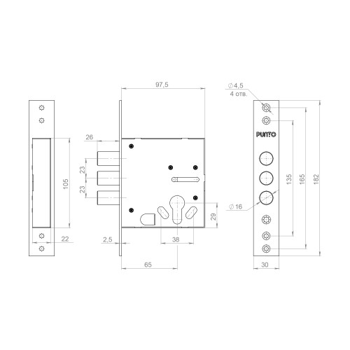 Корпус Punto (Пунто) врезного замка цилиндровый MDV30/C-65.00 CP хром тех.уп.