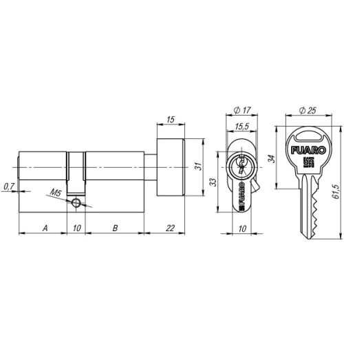 Цилиндровый механизм Fuaro (Фуаро) с вертушкой R302/70 mm-BL (30+10+30) AB бронза 5 кл. БЛИСТЕР