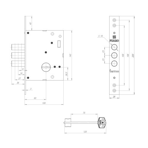 Замок Fuaro (Фуаро) врезной сувальдный TERMO MDV25/S-60.00.3R16 4 key (ключ удл. 120/75 мм)