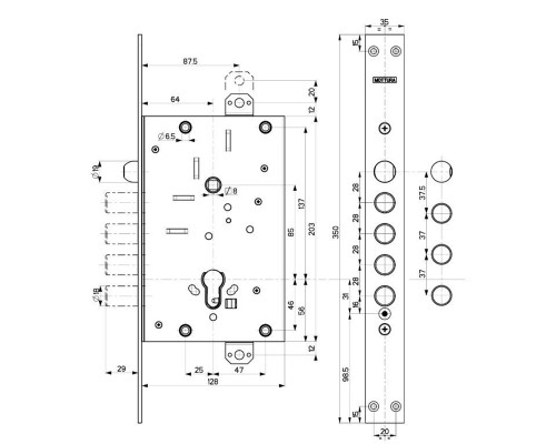 Корпус врезного замка Mottura 82.535W800B с защёлкой (универсальный) (Моттура) 45977