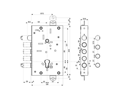 Корпус врезного замка Mottura 82.515W800B с защёлкой (универсальный) (Моттура) 45979