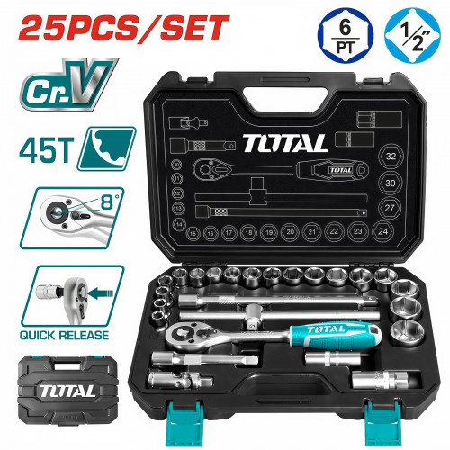 Набор головок 1/2" с трещоткой 25шт TOTAL (THT121251 ТОТАЛ)
